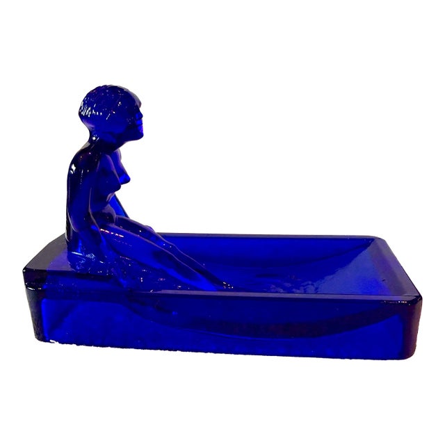 Vintage Art Deco Nude Woman in a Pool Cobalt Blue Glass Soap, Jewelry, or Trinket Dish After Lalique Henrich Hoffmann For Sale