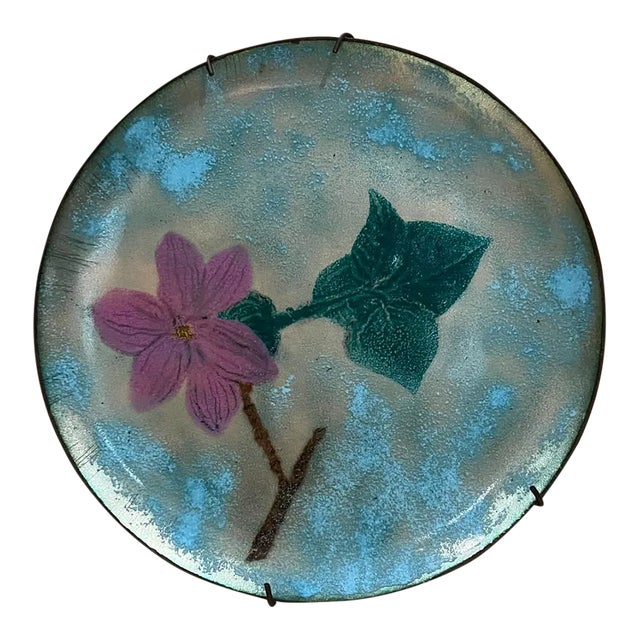 1960s Modernist Flower Powder Blue and Pink Copper Enamel Plate For Sale