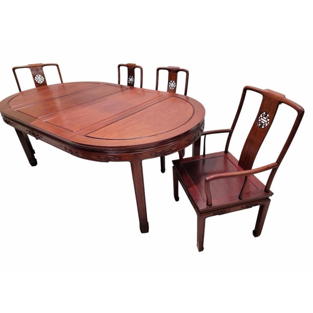 Vintage Asian Rosewood Carved Longevity Extending Dining Table and 8 Chairs For Sale - Image 4 of 12
