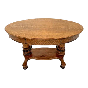 1910s Oval Desk Writing Table Tiger Oak Drawer Shelf Fluted Base Columns