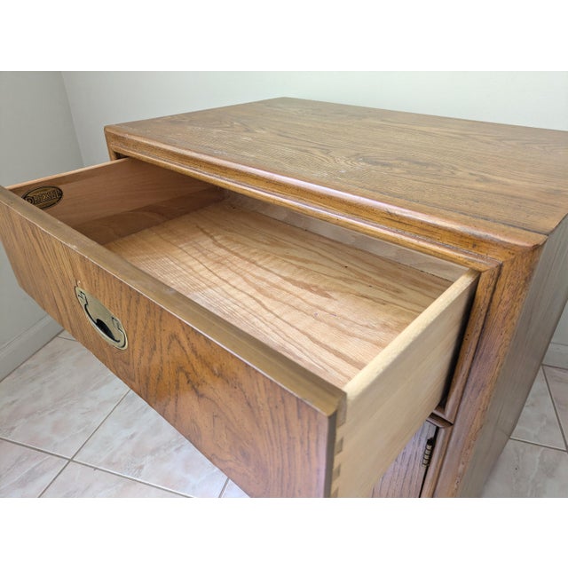 Contemporary 1980s Campaign Style Burl Oak Nightstand Passage Collection by Drexel For Sale - Image 3 of 11