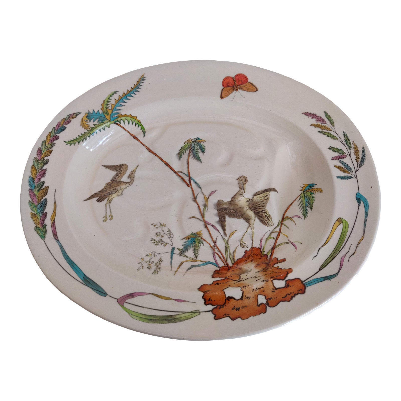1877 Copeland Polychrome Tree and Well Platter, Palm and Egrets Chairish
