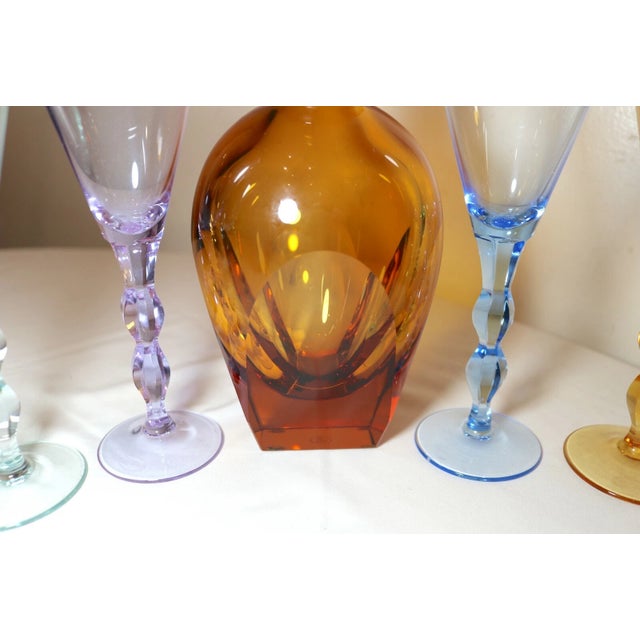 Vintage Cut Crystal Signed Moser Czechoslovakian 5 Pc Colored Glass Decanter Set For Sale - Image 10 of 12