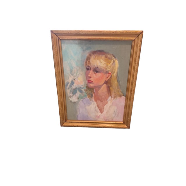 Vintage gilt framed oil on canvas painting of blonde woman. Reverse of canvas has HALE in black marker