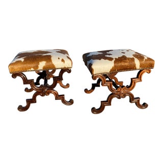 Vintage Cowhide and Carved Wood Ottomans - a Pair For Sale