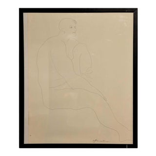 1960s Gertrude Barnstone Abstract Pen Contour Line Drawing of Male Nude Seated With Raised Knee, Framed For Sale