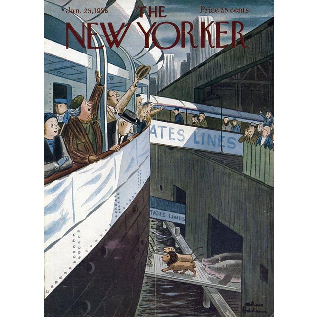 Original vintage New Yorker magazine cover dated January 25, 1958 featuring a Noah's Ark theme. Cover art by Peter Arno...