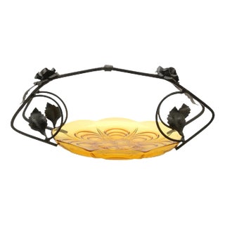 Art Deco Pressed Glass Gateau Dish with Handle or Carrier in Wrought Iron For Sale