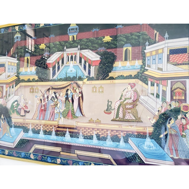 1940s Mid-Century (WWII Era) Custom Hand-Painted Silk Depicting Royal Rajasthan Palace Celebration For Sale In San Diego - Image 6 of 9