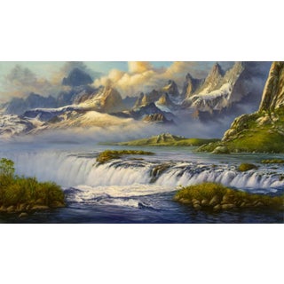 Last Outpost by Rob Alexander | Oil on panel Landscape with mountains and a waterfall. For Sale