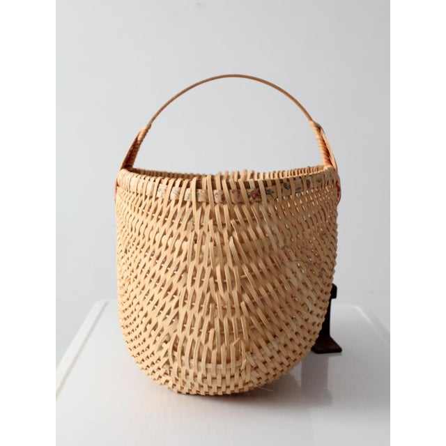 Brown Vintage Wicker Buttocks Basket With Floral Trim For Sale - Image 8 of 17
