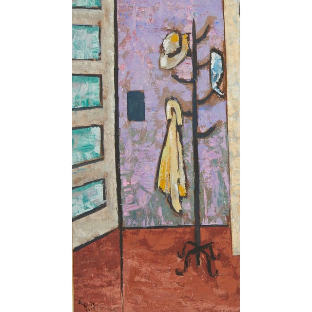 Wonderful MCM Acrylic Painting on Mat Board " The Waiting Room" By James Tucker 1955 Cubism. This painting has a mat on it...