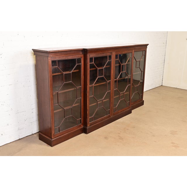 Baker Furniture Company Antique Georgian Carved Mahogany Breakfront Bookcase Cabinet, Circa 1900 For Sale - Image 4 of 10