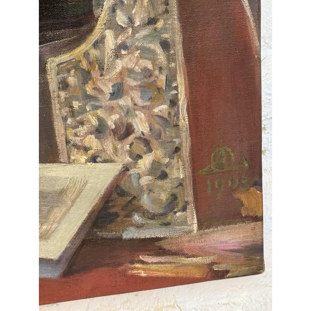 Textile Antique 1903 Oil Portrait Painting Elderly Woman Reading Letter 25” X 30” For Sale - Image 7 of 12