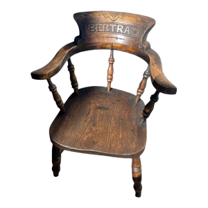 19th Century English Children's Windsor Arm Chair Carved " Bertram"