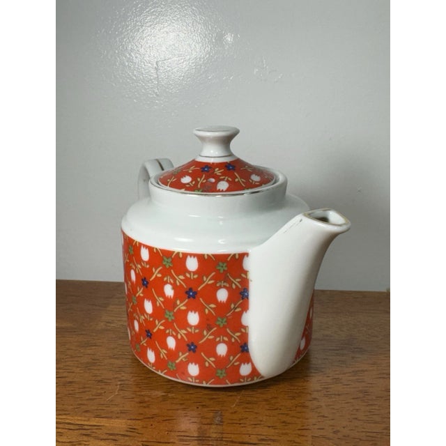 Vintage Floral Teapot Red White Porcelain | Mid Century Style Tea Pot For Sale In Philadelphia - Image 6 of 14