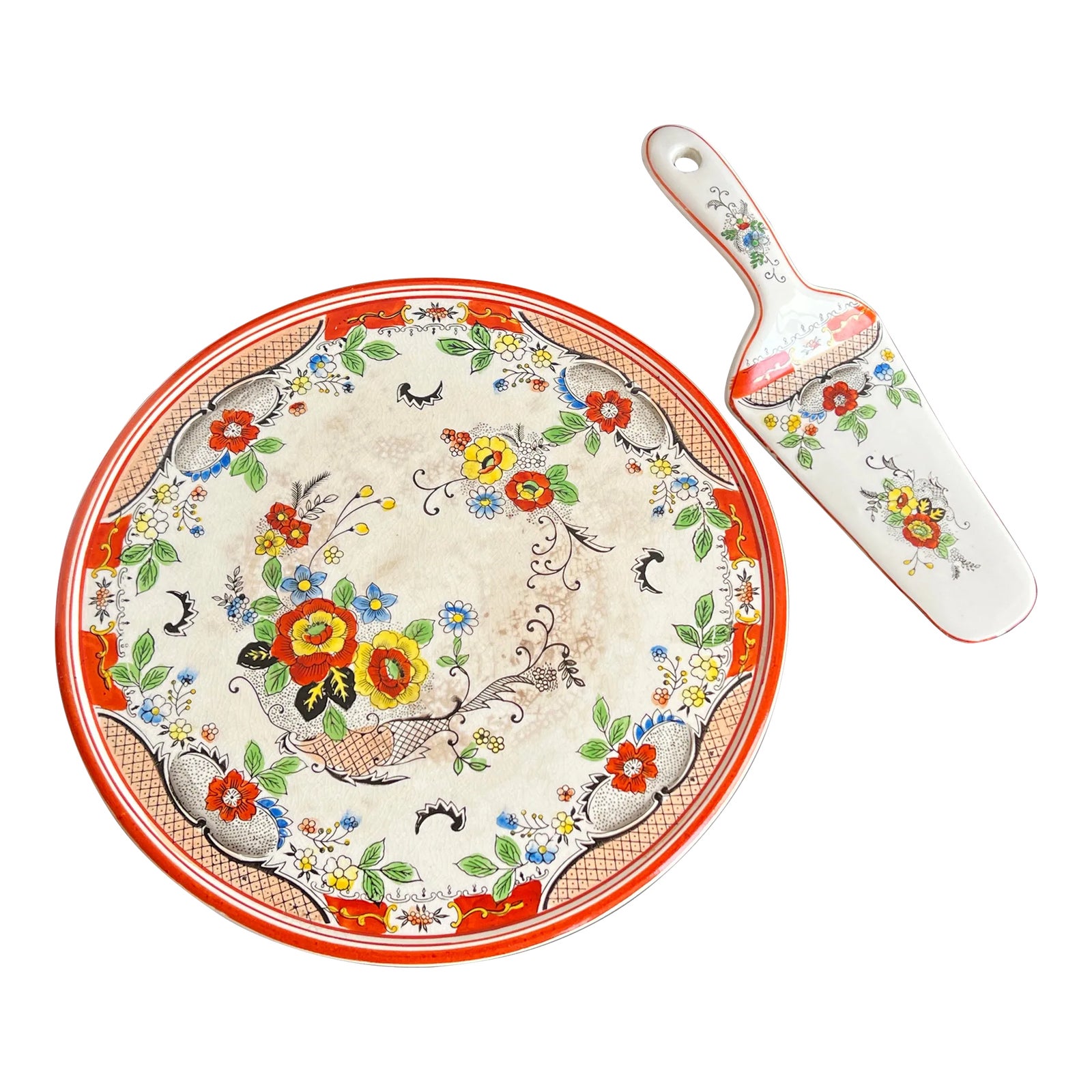 Antique 1940's Japanese Porcelain Red & Yellow Floral Decorated Cake Plate & Server