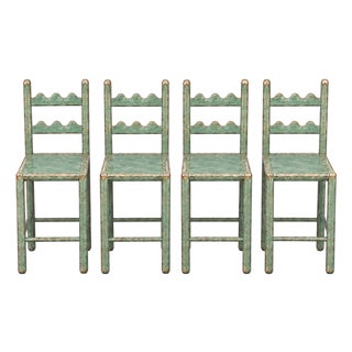 Country French Counter Stools in Set of 4 in Distressed Verdigris Green With an Aged Patina For Sale