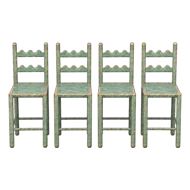 Country French Counter Stools in Set of 4 in Distressed Verdigris Green With an Aged Patina For Sale