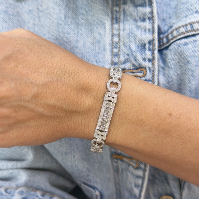 Silver Vintage Style 18k White Gold 5.05ctw Diamond Art Deco Cocktail Link Bracelet For Sale - Image 8 of 8