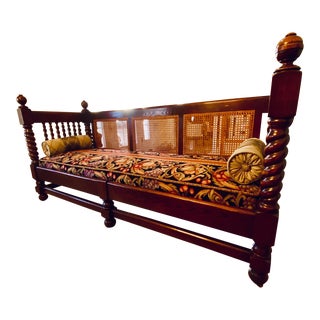 English Mahogany Barley Twist Daybed With Carved Caned Back, Circa 1890 For Sale