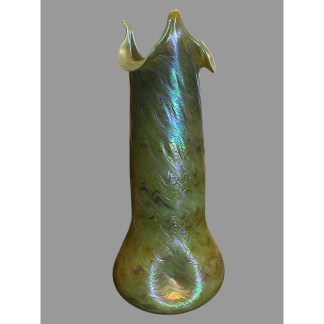 Green Antique Art Nouveau Loetz Style 14" Iridized Art Glass Vase For Sale - Image 8 of 12