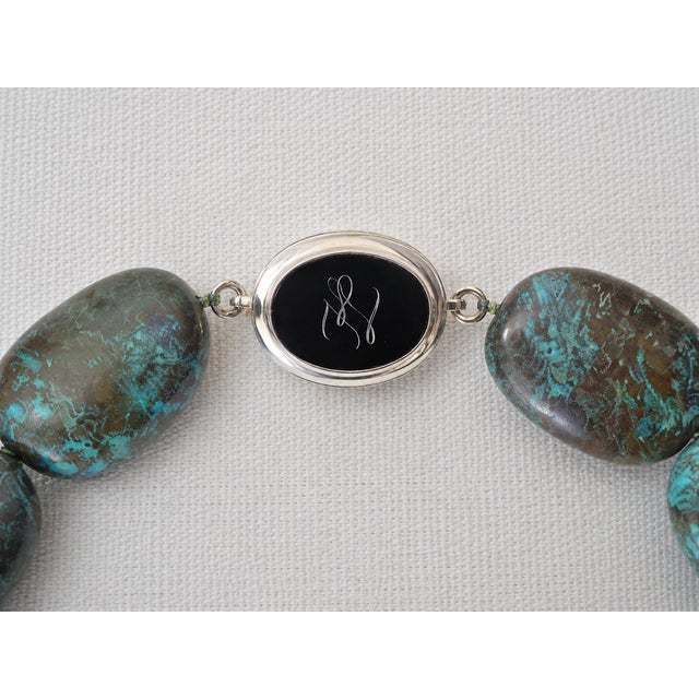 Modern Vintage Arizona Chrysocolla Statement Necklace, Large Natural Gemstone Beads, Sterling Silver Karl Lagerfeld Clasp, Boho Jewelry For Sale - Image 3 of 10