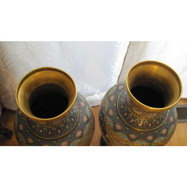 Late 20th Century Matched Pair of Chinese Cloisonné Enamel Baluster Vases With Carved Black Hardwood Display Stands For Sale - Image 5 of 7