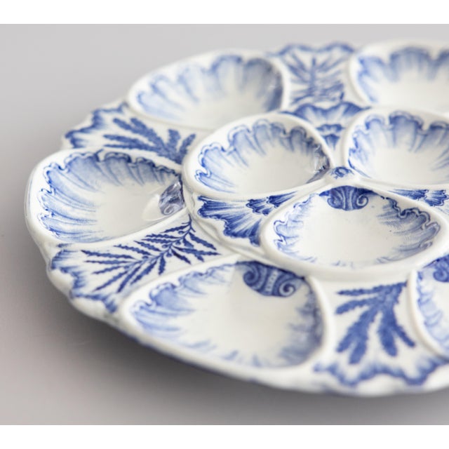 Ceramic Antique French Bordeaux Vieillard Blue & White Seaweed Oyster Plate Platter, Circa 1890 For Sale - Image 7 of 10
