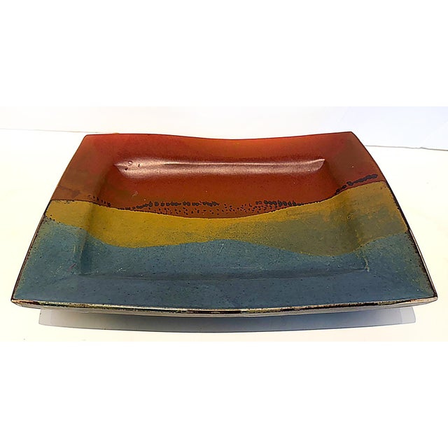 Large Vintage Abstract Studio Pottery Catchall Footed Tray, Labeled Offered for sale a large pottery catchall tray glazed...