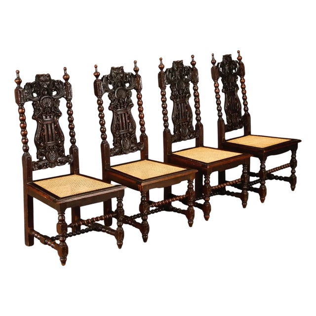 Set of Four 19th Century Renaissance Revival Carved Chairs With Cane Seats For Sale
