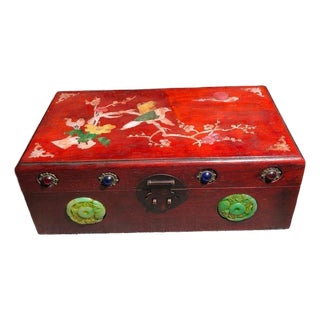 1980s Wood Jewelry Box With Mother-of-Pearl & Gemstone Inlay, "Magpie on Plum Blossom" For Sale