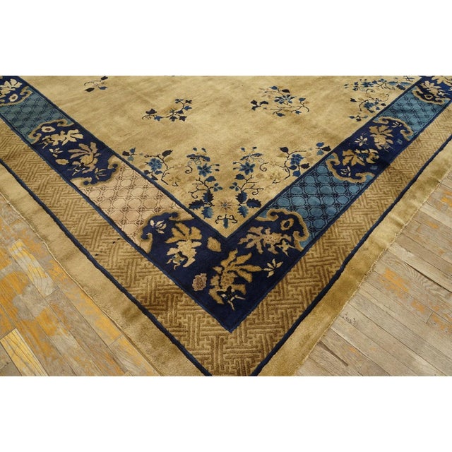 1920s Tan Beige Medallion Art Deco Antique Chinese Peking Carpet Knotted Rug For Sale - Image 9 of 10