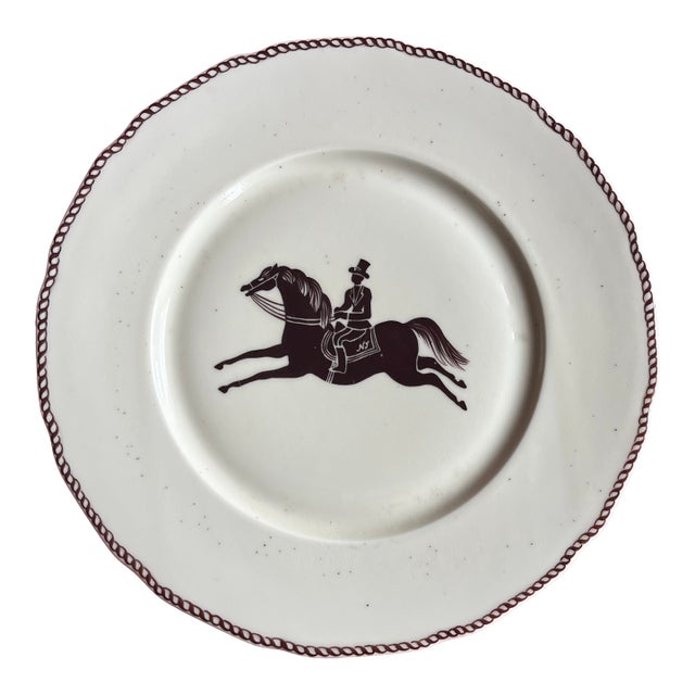 Large French Paris Porcelain Art Deco Charger Plate With Equestrian Silhouette of Horse & Rider Manner of Gio Ponti Signed Primavera For Sale