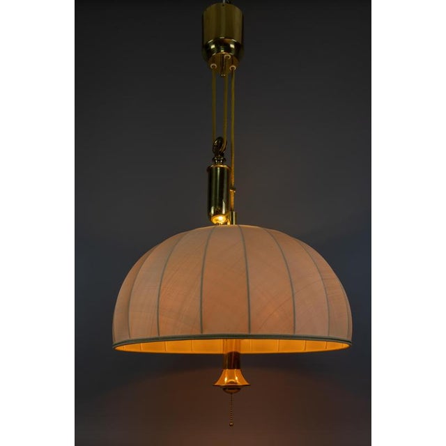 Large Brass and Fabric Lampshade Five-Light Adjustable Height Pendant Lamp, 1980s For Sale - Image 3 of 18