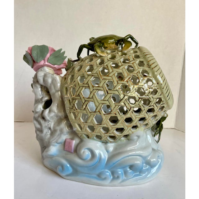 Cream Mid-Century Chinese Porcelain Sea Life Openwork Basket Sculpture For Sale - Image 8 of 12