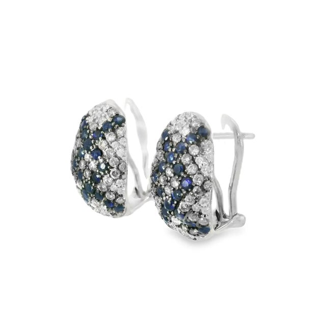 Modern Late 20th Century 14K White Gold Champagne Diamond Sapphire Mosaic Huggie Earrings Estate, Pair For Sale - Image 3 of 4