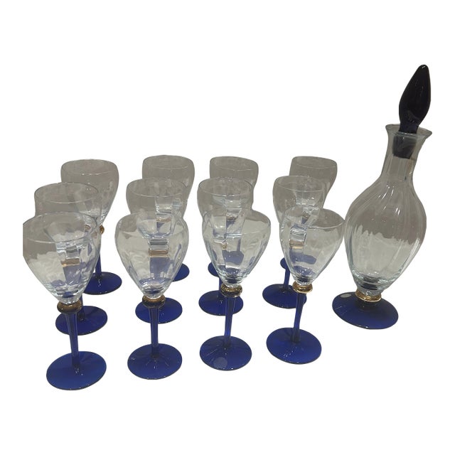 1950s Mid-Century Modern Cobalt Blue and Gold Accent Wine Glasses and Matching Decanter — Set of 13 For Sale