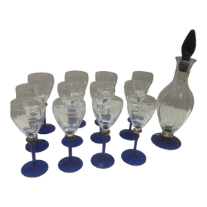 1950s Mid-Century Modern Cobalt Blue and Gold Accent Wine Glasses and Matching Decanter — Set of 13