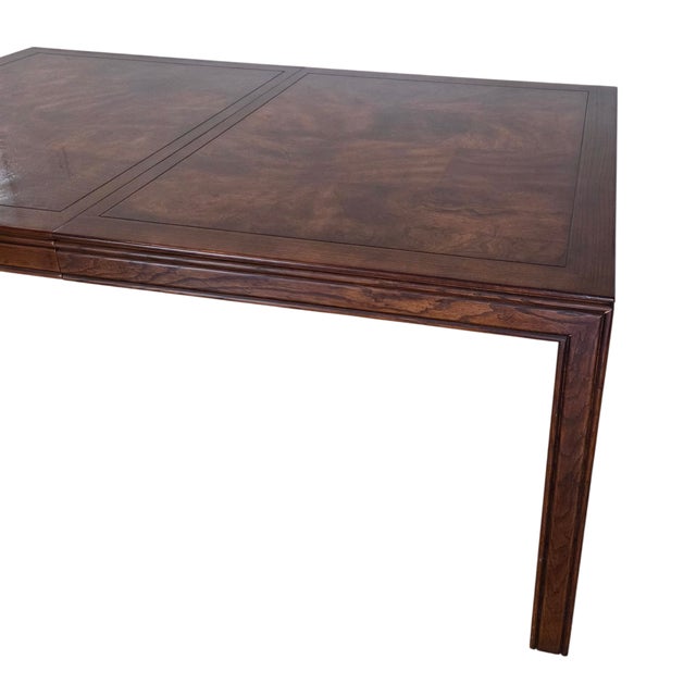 1980s 1980s Henredon Scene One Campaign Oak Burlwood Dining Room Parson Table Extension For Sale - Image 5 of 18