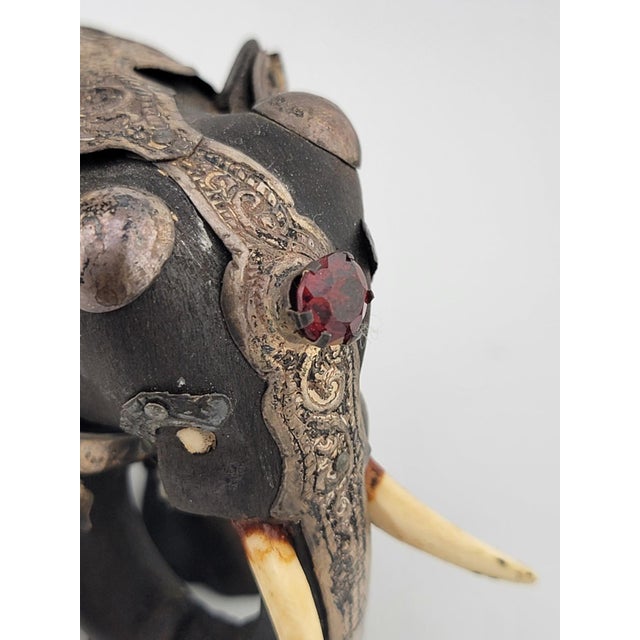 Rare Antique Indian Ebony Silver Overlay Jeweled Elephant W Real Ruby Stone. For Sale - Image 17 of 18