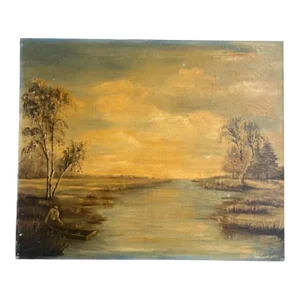 Vintage Landscape Oil on Canvas Painting Depicting a Marsh Scene, Artist Signed Lottie Boyd