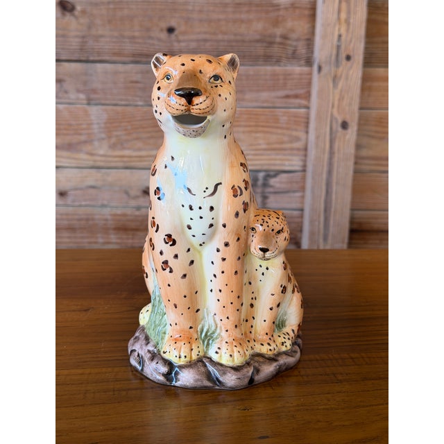 1990s Vintage Hand-Painted Ceramic Leopard and Cub Figural Pitcher For Sale - Image 5 of 11