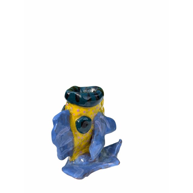 Contemporary Vintage Handcrafted 4” Crackle Glazed Tropical Fish Art Pottery Vase For Sale - Image 3 of 10