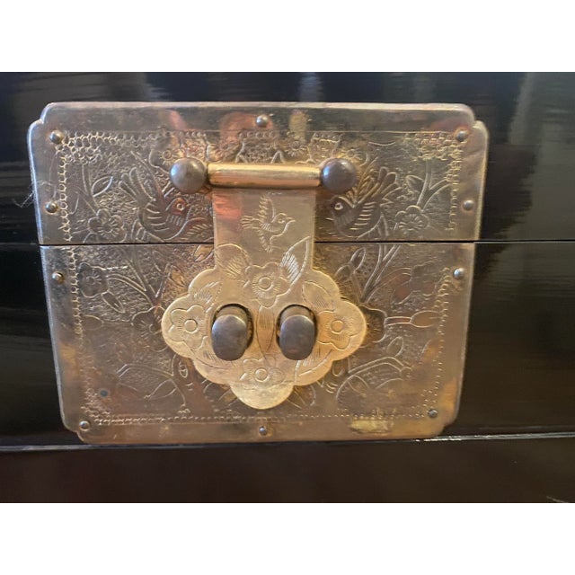 Black Vintage Black Lacquer Chinoiserie Wedding Chest With Mother of Pearl Inlay Sailboats and Island Scenes For Sale - Image 8 of 13