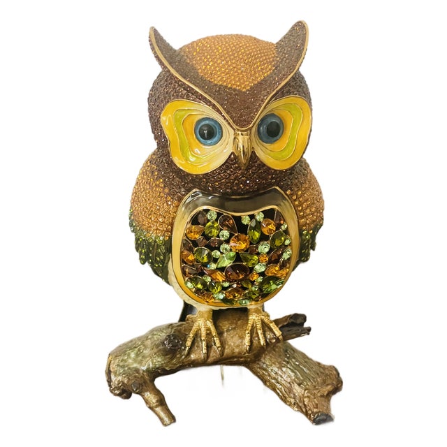 Gorgeous 20 Th C Large Owl Figurine Polychrome Enamel With Swarovski Crystals For Sale