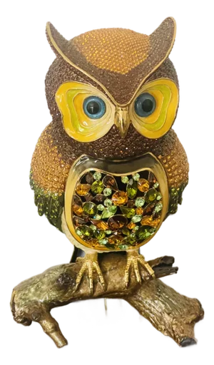 Gorgeous 20 Th C Large Owl Figurine Polychrome Enamel With Swarovski Crystals