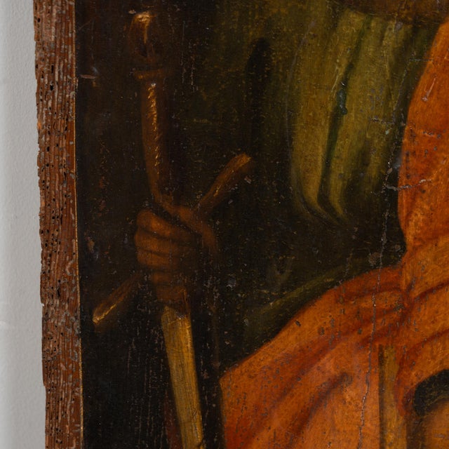Wood 18th Century Original Painted Icon on Wood of Saint Paul Holding a Sword For Sale - Image 7 of 12