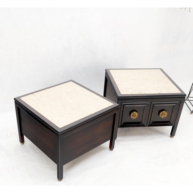 Pair square marble top 2 door nightstands end tables large decorative pulls brass feet tips mint.