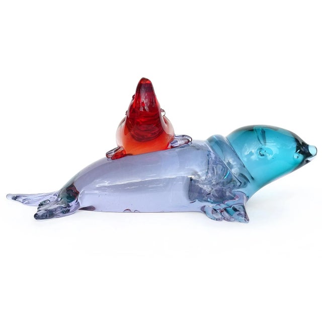 Glass Vintage Murano Seguso Vetri d'Arte Sommerso Red Aqua Blue Purple Italian Art Glass Mom Baby Seals Sculpture For Sale - Image 7 of 11